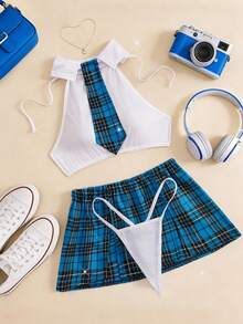 ROMWE Kawaii 四件套格子女学生角色扮演万圣节服装套装，纯色露背短款上衣，开衩松紧腰格子裙，系带丁字裤，女士性感内衣角色扮演制服，情人节礼物 - 藍色 - 查看 10