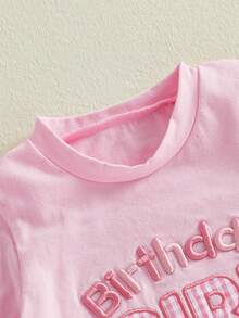 Toddler Girl Birthday Set Letter Embroidery Short Sleeve T Shirt And Tiered Ruffled Plaid Skirt Two Piece Outfit - 粉色 - 查看 7