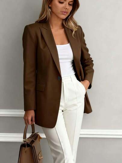 Women's Stylish Brown Blazer With Peak Lapels Long Regular Sleeves And Button Detail Woven Fabric Lightweight Jacket