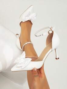 Women's New Fashionable Elegant Minimalist White Bow Pointed Toe Stiletto High Heel Shoes, Suitable For Wedding And Party - White - View 2