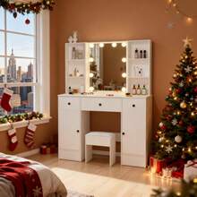 Vanity Set With Led Lights Makeup Desk Dressing Dresser Desk Table With 3 Drawer - Perfect For Organizing Makeup, Skincare, Elegant Vanity|Decorative Vanity, Vanity Furniture, Compact For Small Space, Bedroom Decor Gift, Perfect Gift For Women Girls , Ideal Para Regalos De Navidad Y Halloween. - White - View 4