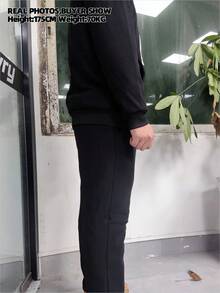 男士时尚休闲百搭秋冬季加厚保暖内衬连帽衫套装 - 黑色 - 查看 9