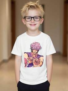 Boys' K-Pop Inspired Graphic T-Shirt - Vibrant Anime Character Print, Short Sleeve Crew Neck, Lightweight Summer Casual Top, Black With Colorful Design, Perfect For Casual Attire, Playful Kids Fashion, Comfortable Kids Wear, For Teenager - 白色 - 查看 3