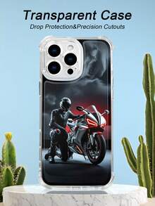 1PC Funda transparente con diseño de motociclista en traje negro junto a moto deportiva, estilo minimalista urbano y dinámico, protección contra caídas, ideal para hombres y amantes de las motos y el estilo de vida activo, regalo perfecto para fiestas, amigos, pareja o familia : funda transparente resistente a golpes, compatible con Apple Phone17/16/15/14/13/12/11/XS/XR/X/PLUS/PRO/PROMAX, agarre cómodo, regalo ideal para ocasiones especiales - transparente - Ver 1