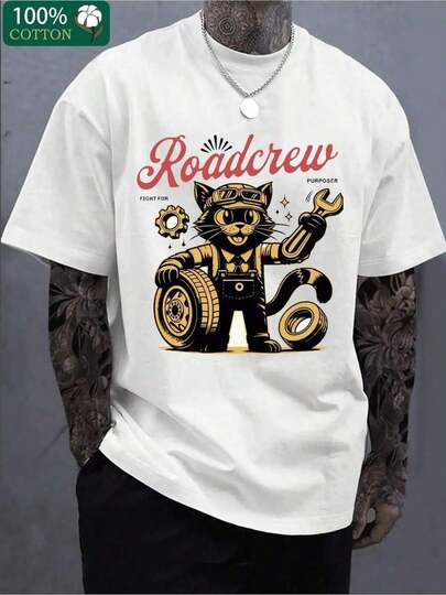 Camiseta gráfica de maquinaria pesada para hombres - Diseño de trabajador industrial con camión y llave - Camiseta transpirable de 100% algodón para construcción, automoción, uso casual diario - Camiseta de cuello redondo lavable a máquina, ropa automotriz, camiseta de estilo mecánico, calidad de impresión duradera, ropa de construcción, moda urbana, material duradero, camiseta de manga corta, trabajadores de la construcción