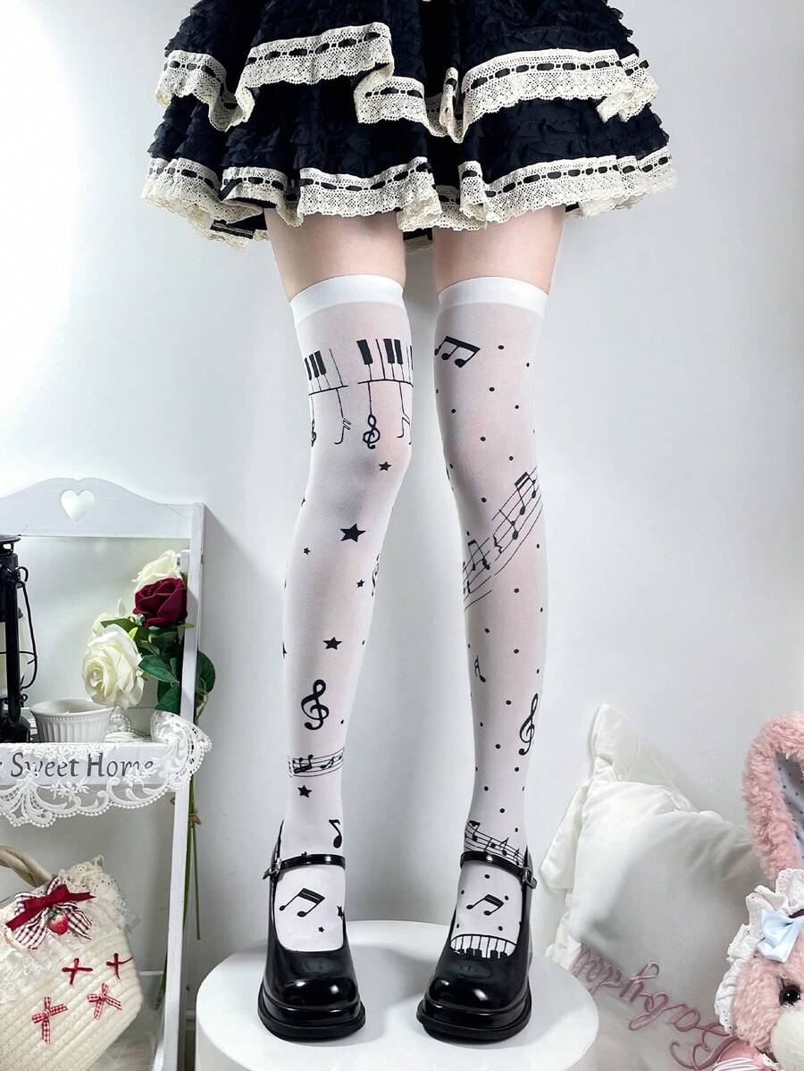 1 đôi tất dài đến đùi kiểu Lolita dễ thương với họa tiết nốt nhạc dành cho nữ - Nhiều màu - Xem 1