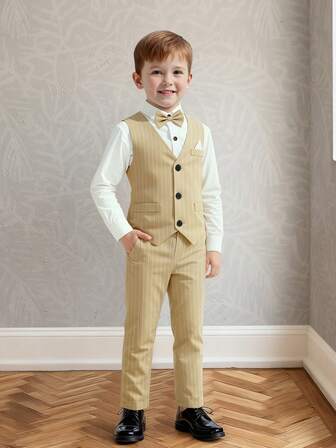 2024新款男童绅士西装，四件套：白衬衫+条纹马甲+裤子+领结，适合男孩参加派对、婚礼、休闲场合的正式着装