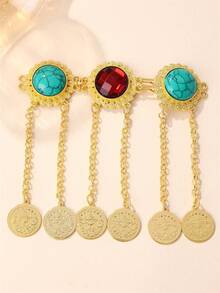 1pc Middle Eastern Style Button, Inlaid Turquoise, Vintage Palace Style, Coin-Shaped Tassel, Inlaid On Clothing Closure, Clothing Accessory, Button, Women Brooch