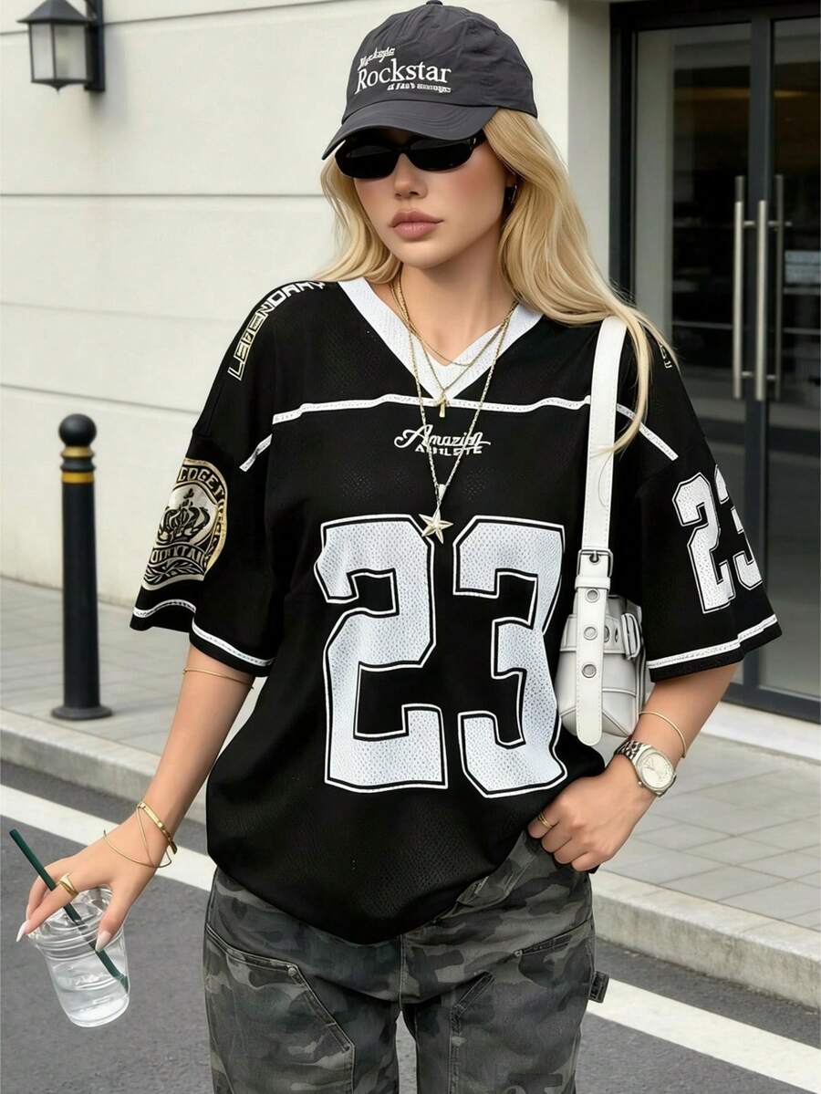 Women's V-Neck Short T-Shirt - Loose Short-Sleeved Top For Spring And Summer Street Wear, Casual Wear, Music Festivals, Graduation And Family Gatherings, Festival Wear, Street Wear Fashion, Relaxed And Fitted T-Shirt, Comfortable Fabric, T-Shirt, Fashionable Shirt Top - Black - View 1