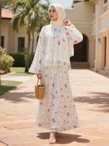 穆斯林女装，女士夏季优雅气质长袖套装 - 白色 - 查看 2