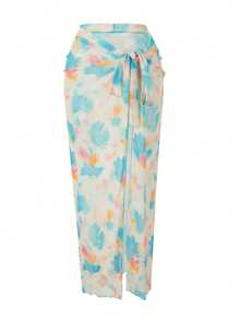 Women's Fashion Tie-Dye Elegant Halter Tie Bikini 4-Piece Set, Comes With Coverup And Skirt, Spring/Summer - Mint Blue - View 8