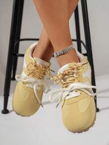 新款女鞋，时尚百搭系带圆头鞋，条纹装饰，纯色设计，舒适软底，休闲鞋，运动鞋，时尚鞋款，适合日常穿着和通勤。 - 黃色 - 查看 5