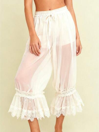 Women Long Bloomer Pants Lace Patchwork Drawstring Elastic Waist Victorian Capri Pants Lounge Pettipants