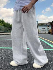 1pc Tween Boys Casual Loose Fit Thermal Lined Straight Leg Pants, Suitable For Outdoor Sports, Thick & Warm, Spring/Autumn/Winter - Grey - View 3