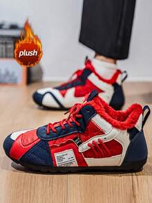 Men's Snow Boots Winter Plush Lined Plus Size 46 Casual Loafers, Faux Leather Patchwork Fashion Versatile Plush Lined Casual Sneakers, Comfortable Lightweight Men's Winter Flat Shoes Mid-Top Ankle Support Warm Boots