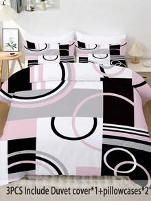 3pcs Modern Geometric Circle Design Print Duvet Cover Set (1*Duvet Cover + 2*Pillowcases, Without Core), Pink & White Abstract Pattern Duvet Cover 3PCS, Sleek Minimalist Bedroom Decor For Contemporary & Urban Aesthetic Enthusiasts, Soothing Visual Fatigue, Suitable For Home, Bedroom And Guest Room Use - Pink - View 10