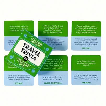 50张旅行问答游戏卡 - 世界地理与文化棋盘游戏，适合学生和家庭，采用耐用卡纸制成，迷你方形，适用于公路旅行、飞机、火车和聚会之夜。