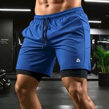Kit Of 3 Men's 2-In-1 Sports Shorts With Compression Lining - Training And Running - 黑+皇家藍+白套裝 - 查看 2