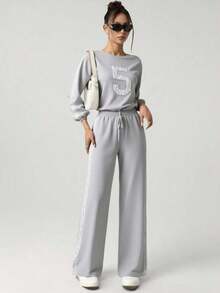 Conjunto de 2 piezas para mujer casual detalle de encaje con estoperoles tipo deportivo de moda ligero, suave y cómodo para uso diario - Gris - Ver 4