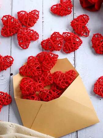 12/16/24 st hjärtformade dekorationer i rotting - 2,36 tum röd alla hjärtans dag-dekoration, lämplig för julgran, bordsdekoration, vasfyllning, hjärtformade ornament i rotting, för gör-det-själv-bordsdekoration