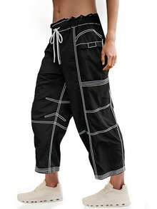 Women's Cargo Pants Wide Leg Elastic Waist Water Resistant Hiking Joggers With Pockets Contrast Stitch Fall Winter Christmas Gifts - 黑色 - 查看 2