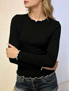 Women's Solid Color Fitted Undershirt, Frill Trim Design, Ribbed Fabric, Suitable For Daily Wear, Home, And Commuting - Black - View 3