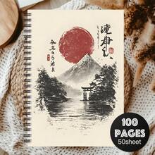 日式螺旋装订笔记本，精美旅行日记本，送给女性和同事的理想礼物，适合用于计划和文化研究，封面印有传统水墨山水画，包含山峦和鸟居图案。 - 彩色 - 查看 6