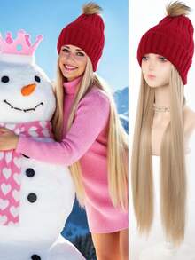 长直合成纤维假发，帽子接发，长款金黑色帽子假发，带弹力针织帽，22英寸合成纤维接发，适合女性和女孩，秋冬季基本保暖滑雪帽 - 彩色 - 查看 13