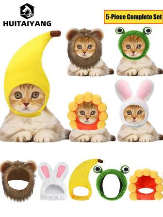  5 piezas HUITAIYANG Accesorios para mascotas, Diadema para gatos, Accesorios lindos para el cabello de perros, Sombrero con orejas de conejo, Melena de león, Tocados de disfraz para fiestas, Adecuado para perros y gatos pequeños/medianos, Tocados de disfraz de fiesta de tamaño ajustable (León, Rana, Conejo, Girasol, Plátano)