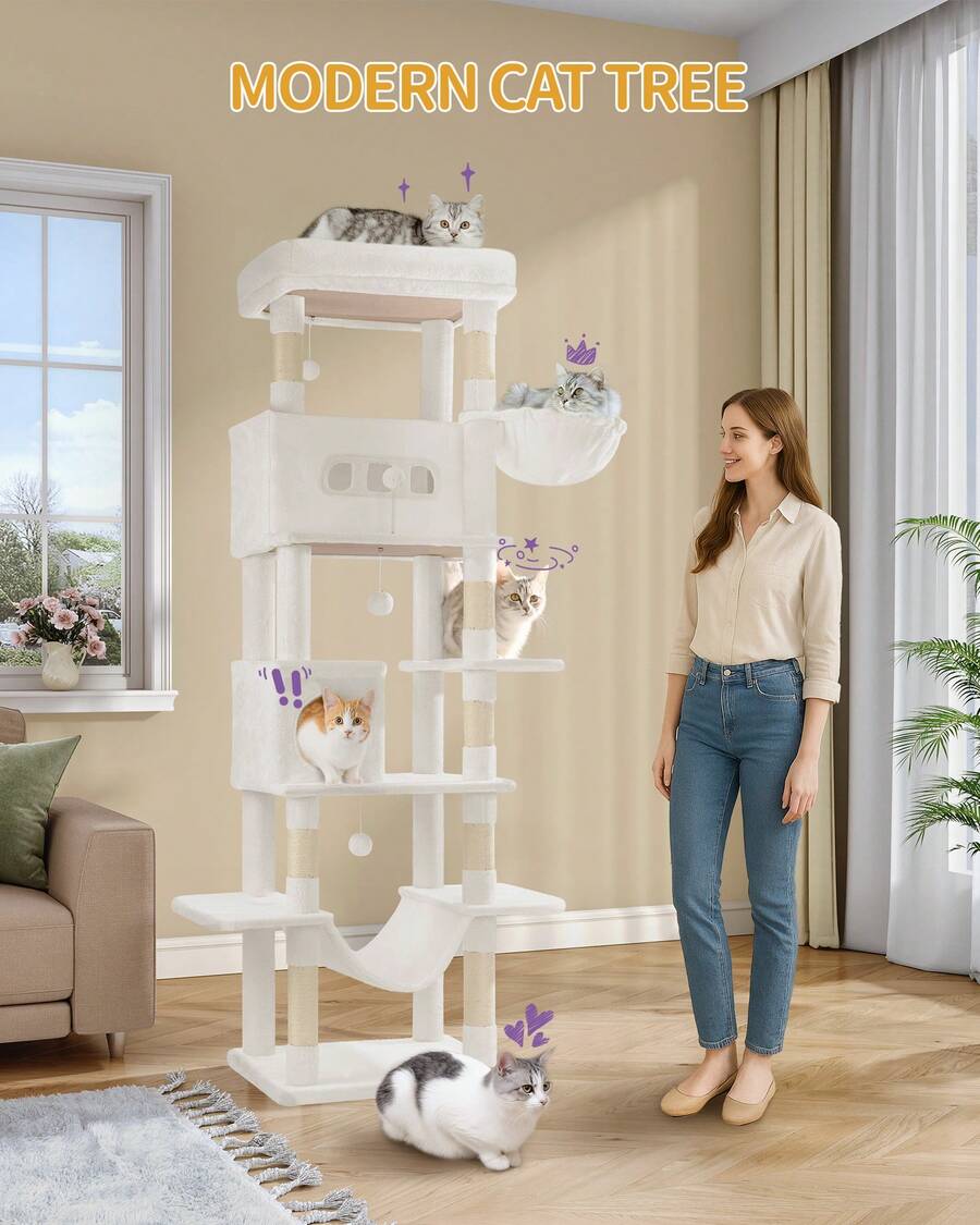 HEXCELEN 82.7-Inch Cat Tree, Large Cat Tower For Indoor Cats, Condo With Perch, Cat House Furniture With 2 Caves, 8 Scratching Posts, Hammock, Pompoms, Washable Cushion, White - 白色 - 查看 1