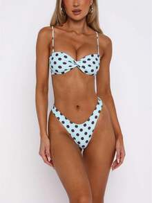 Trajes De Baño Traje De Baño Mujer Spaghetti Strap Polka Dots 2 Piece Swimsuit Frill Trim Bathing Suit - 藍色 - 查看 1