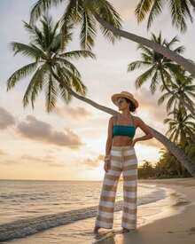 Beach Cover-Up Pants, Drawstring, Striped, Crochet, Blogger Style, Luxury Knitwear, Elegant, Women's Fashion, Summer, Casual, Beach Vacation - 咖啡棕 - 查看 5