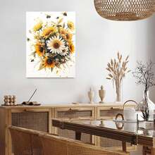 1pc Vibrant Sunflower & Daisy Bouquet Canvas Wall Art - Cheerful Floral Nature Print With Bees - Bright Yellow & White Home Decor For Living Room, Bedroom, Kitchen. - Nhiều màu - Xem 3