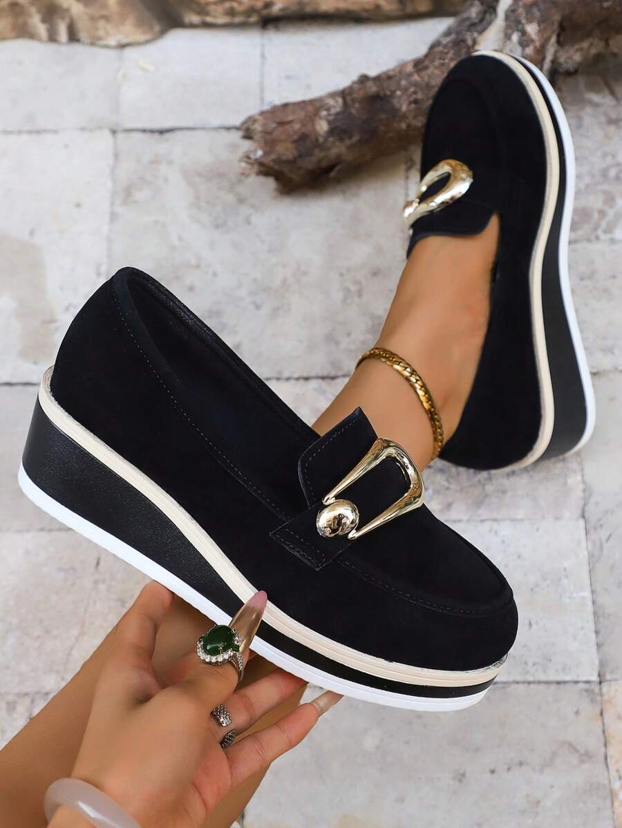 2025 New Stylish Round Toe Platform Thick Sole Casual Slip-On Loafers, Comfortable & Versatile, Contrast Color Trim, Metal Buckle, Suitable For Pants, Daily Wear For Women - Black - View 1