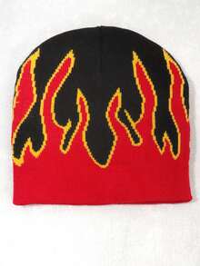 1pc Unisex Y2K Flame Jacquard Knit Beanie Hat, Warm Casual Personalized Knitted Cap Suitable For Autumn/Winter Outfits Men Winter Head