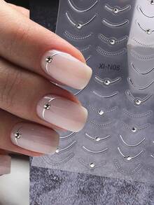 3D Golden Silvery Line Nail Stickers 1pc Self Adhesive French Tips Curve Stripe Lines Nail Art Decals With Sparkling Crystal Rhinestones DIY Manicure Decor Nail Supplies - 銀色 - 查看 3