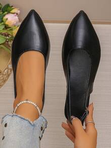 女士平底鞋，尺码 35-45，优雅纯色时尚金属链舒适平底鞋，适合办公室和户外活动，春秋季新款百搭黑色 PU 一脚蹬鞋 - 黑色霧面PU - 查看 2