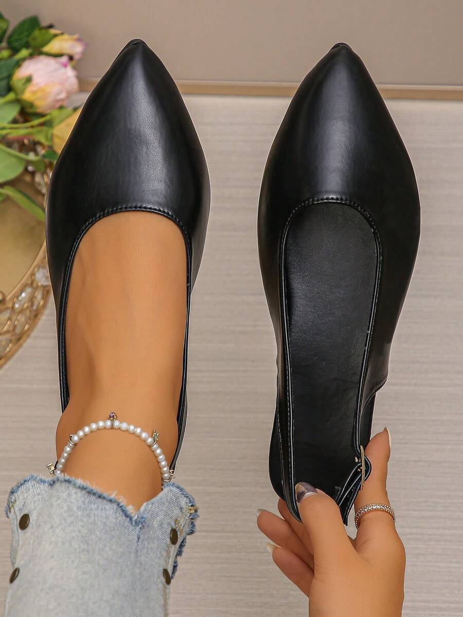 女士平底鞋，尺码 35-45，优雅纯色时尚金属链舒适平底鞋，适合办公室和户外活动，春秋季新款百搭黑色 PU 一脚蹬鞋