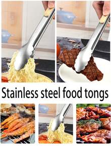1pc Stainless Steel Cooking Tongs With Heat-Resistant Wooden Handle, Sturdy Solid Barbecue Tongs, Rust-Proof Grill Tongs, Outdoor Barbecue Tongs, Meat Grilling Tongs, Comfortable Grip, Dishwasher , Essential For Grilling, Suitable For Grill, Frying Meat And Fish, Serving Food, Salad, Pasta, And An Ideal Cooking Gift - Multicolor - View 2