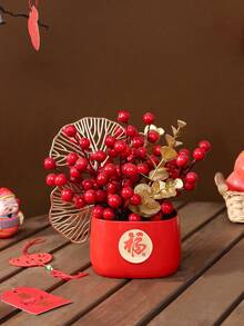 1件人造风水柑橘盆栽，家居客厅新年庆祝，寓意财源滚滚，乔迁新居红色植物盆栽装饰 - 紅色-1pc - 查看 2