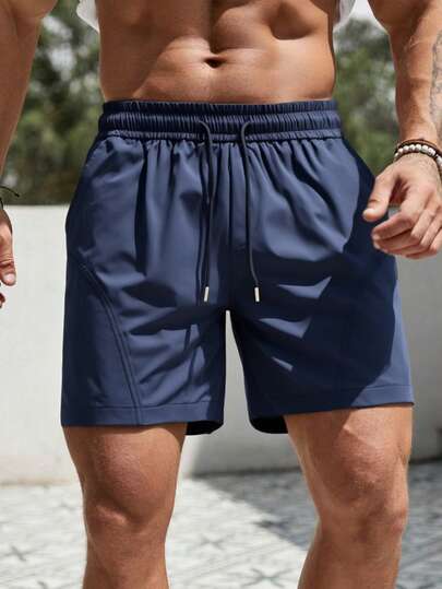1pc Men's Navy Blue Drawstring Shorts, Metal Drawstring Ends, Lightweight, Smooth, Cool, Wrinkle-Resistant, , Non-Deforming, Loose Casual Bermuda Shorts, Suitable For Commuting, Outing, Sports In Summer