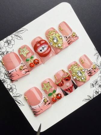 1 Set de 10 uñas postizas con forma de pico de pato, estilo Spicy Girl Y2K, hechas a mano de manera artesanal y resistentes, con piezas de uñas en tonos nude, negro y amarillo, diseñadas con elementos franceses, labios rojos, cerezas y bolas de acero. Las mujeres y niñas pueden usar estas piezas de uñas brillantes, adecuadas para uso diario en fiestas y bailes, que incluye un kit de herramientas. (Tenga en cuenta que los colores de los accesorios son aleatorios)