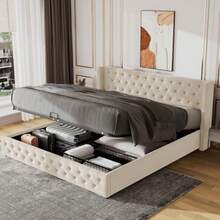 Pillow-Shaped Upholstered Bed, Double Row Of Velvet Rivets, Eyelet Stitching, 140*190 Double Bed With Hydraulic Function, Waterproof Non-Woven Fabric Bed Frame In Black And Beige. - Beige - View 2