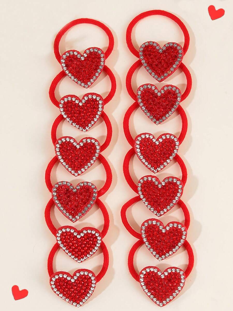 12PCS Mother's Day Hair Band For Girls Heart Hair Tie, Heart Rhinestone Elastic Hairpin, Sweet Cute Cherry Hair Elastic Ties Set For Mother Gift And Casual Daily Wear Spring&Summer Outfit, Mother's Day Teens Hair Accessories - Multicolor - View 1