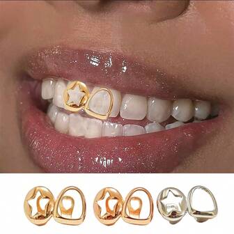 可使用12个月，3种款式可选，1个朋克说唱双镂空星形牙套，适合会议、晚宴、派对、约会、圣诞节、生日、情人节等场合，闪亮设计