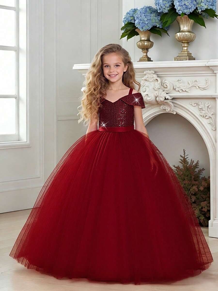 少女V领亮片网纱优雅长款生日派对礼服，适合学校舞会、节日庆典、晚宴等场合，不含头饰 - 酒紅色 - 查看 1