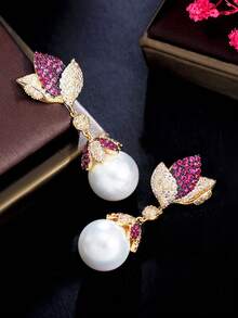 1 Pair Hot Pink CZ Flower & Leaf Long Drop Pearl Dangle Earrings, Gold Plated Cubic Zirconia Jewelry For Brides, Bridesmaids, Engagement Party, Prom, Women, Girlfriends, Wife Gift