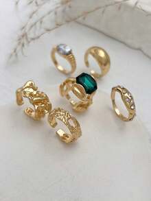 Bộ 6 chiếc nhẫn kim loại bất đối xứng đính đá lấp lánh phong cách Bohemian, trang sức sang trọng quyến rũ dành cho nữ, cặp đôi, đám cưới, tiệc tùng, ngày lễ, quà tặng đa năng. - nhẫn - Xem 6