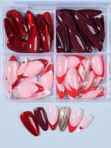 98片/盒（4盒混装）Y2K长杏仁亮面美学血红色水晶猫眼法式美甲贴片，杏仁形美甲心形图案设计，完美贴合亚克力假指甲套装，包含1片果冻胶和1个指甲锉，红色美甲适合女性和女孩日常佩戴，也可用于锐舞派对等场合。 - 紅色 - 查看 4