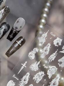 1片白色骏马城堡浮雕复古圣骑士按压式美甲贴纸 5D美甲艺术中世纪优雅马术自粘美甲贴，适合女士精致DIY美甲贴花 - 彩色 - 查看 6